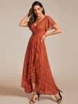 Pleated V-Neck Short Sleeve Ruffled Lace Evening Dress – Burnt Orange