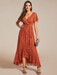 Pleated V-Neck Short Sleeve Ruffled Lace Evening Dress – Burnt Orange