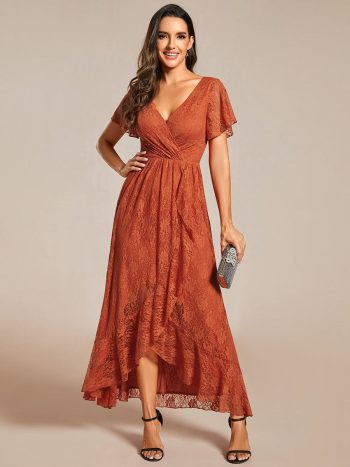 Pleated V-Neck Short Sleeve Ruffled Lace Evening Dress - Burnt Orange