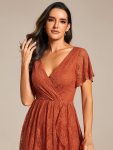 Pleated V-Neck Short Sleeve Ruffled Lace Evening Dress – Burnt Orange