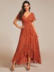 Pleated V-Neck Short Sleeve Ruffled Lace Evening Dress – Burnt Orange