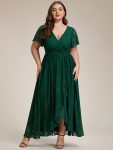 Plus Size Short Sleeve Ruffled V-Neck A-Line Lace Evening Dress – Dark Green