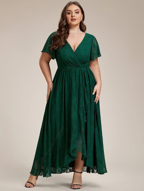 Plus Size Short Sleeve Ruffled V-Neck A-Line Lace Evening Dress - Dark Green