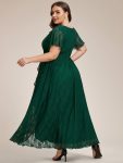 Pleated V-Neck Short Sleeve Ruffled Lace Evening Dress – Dark Green