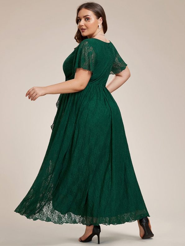 Pleated V-Neck Short Sleeve Ruffled Lace Evening Dress - Dark Green