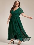 Plus Size Short Sleeve Ruffled V-Neck A-Line Lace Evening Dress – Dark Green