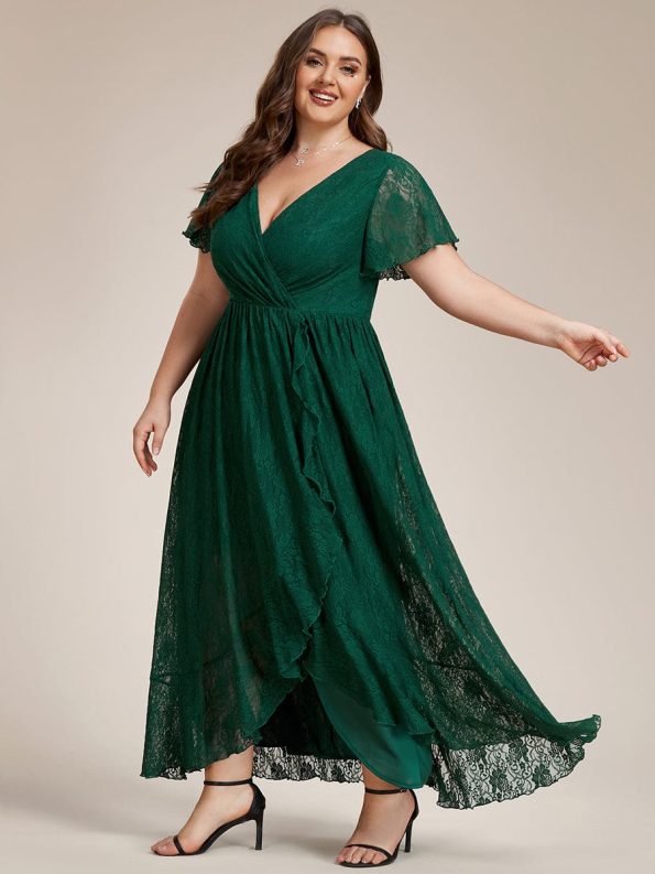 Plus Size Short Sleeve Ruffled V-Neck A-Line Lace Evening Dress - Dark Green