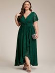 Pleated V-Neck Short Sleeve Ruffled Lace Evening Dress – Dark Green