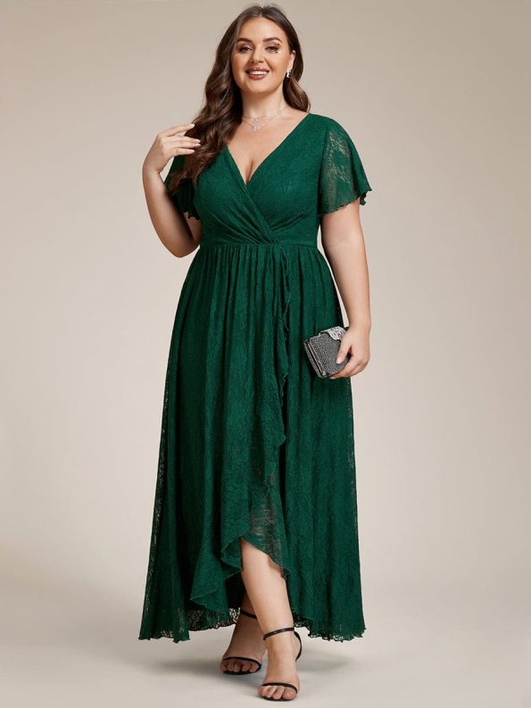 Pleated V-Neck Short Sleeve Ruffled Lace Evening Dress - Dark Green