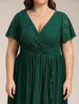 Pleated V-Neck Short Sleeve Ruffled Lace Evening Dress – Dark Green