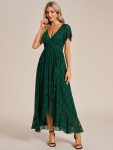 Pleated V-Neck Short Sleeve Ruffled Lace Evening Dress - Dark Green