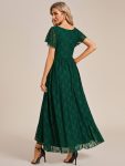 Pleated V-Neck Short Sleeve Ruffled Lace Evening Dress – Dark Green