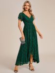 Pleated V-Neck Short Sleeve Ruffled Lace Evening Dress – Dark Green