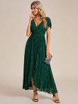 Pleated V-Neck Short Sleeve Ruffled Lace Evening Dress – Dark Green