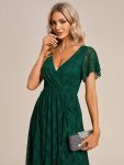 Pleated V-Neck Short Sleeve Ruffled Lace Evening Dress – Dark Green