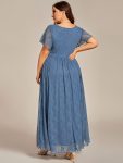 Pleated V-Neck Short Sleeve Ruffled Lace Evening Dress – Dusty Navy