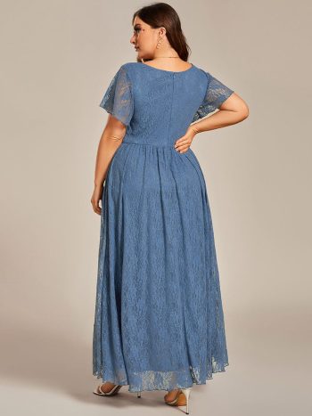 Plus Size Short Sleeve Ruffled V-Neck A-Line Lace Evening Dress - Dusty Navy