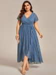 Pleated V-Neck Short Sleeve Ruffled Lace Evening Dress – Dusty Navy