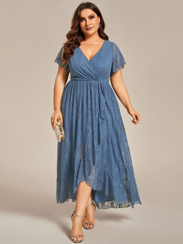 Pleated V-Neck Short Sleeve Ruffled Lace Evening Dress - Dusty Navy