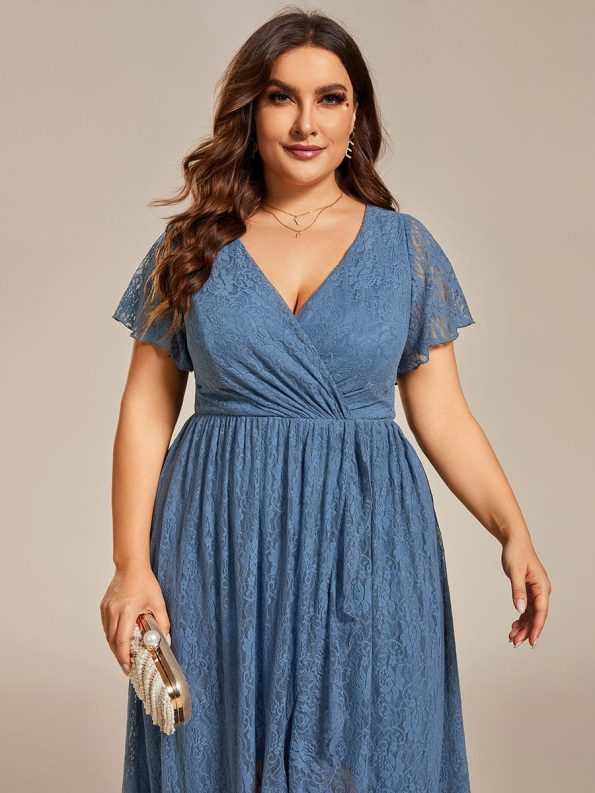 Pleated V-Neck Short Sleeve Ruffled Lace Evening Dress - Dusty Navy