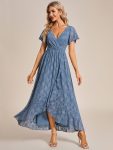 Pleated V-Neck Short Sleeve Ruffled Lace Evening Dress – Dusty Navy