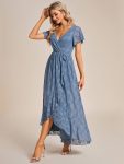 Pleated V-Neck Short Sleeve Ruffled Lace Evening Dress – Dusty Navy