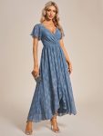 Pleated V-Neck Short Sleeve Ruffled Lace Evening Dress – Dusty Navy