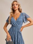 Pleated V-Neck Short Sleeve Ruffled Lace Evening Dress – Dusty Navy