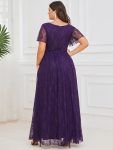 Plus Size Short Sleeve Ruffled V-Neck A-Line Lace Evening Dress – Dark Purple