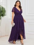 Plus Size Short Sleeve Ruffled V-Neck A-Line Lace Evening Dress – Dark Purple