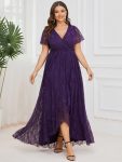 Plus Size Short Sleeve Ruffled V-Neck A-Line Lace Evening Dress – Dark Purple