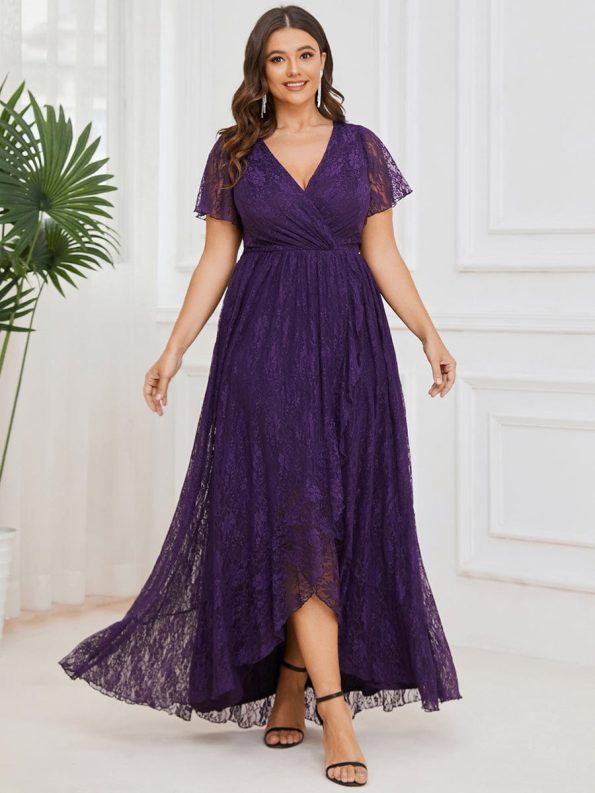 Plus Size Short Sleeve Ruffled V-Neck A-Line Lace Evening Dress - Dark Purple