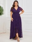 Plus Size Short Sleeve Ruffled V-Neck A-Line Lace Evening Dress - Dark Purple