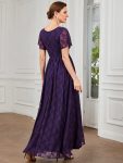 Pleated V-Neck Short Sleeve Ruffled Lace Evening Dress – Dark Purple