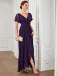 Pleated V-Neck Short Sleeve Ruffled Lace Evening Dress – Dark Purple