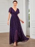 Pleated V-Neck Short Sleeve Ruffled Lace Evening Dress – Dark Purple