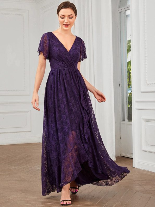 Pleated V-Neck Short Sleeve Ruffled Lace Evening Dress - Dark Purple