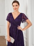 Pleated V-Neck Short Sleeve Ruffled Lace Evening Dress – Dark Purple