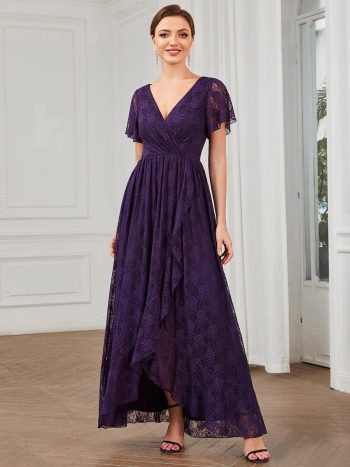 Pleated V-Neck Short Sleeve Ruffled Lace Evening Dress - Dark Purple