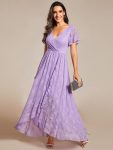 Pleated V-Neck Short Sleeve Ruffled Lace Evening Dress – Lavender