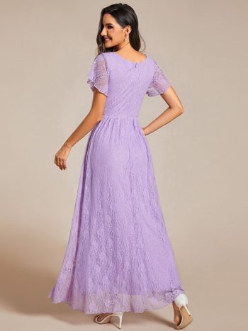 Pleated V-Neck Short Sleeve Ruffled Lace Evening Dress - Lavender