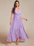 Pleated V-Neck Short Sleeve Ruffled Lace Evening Dress – Lavender