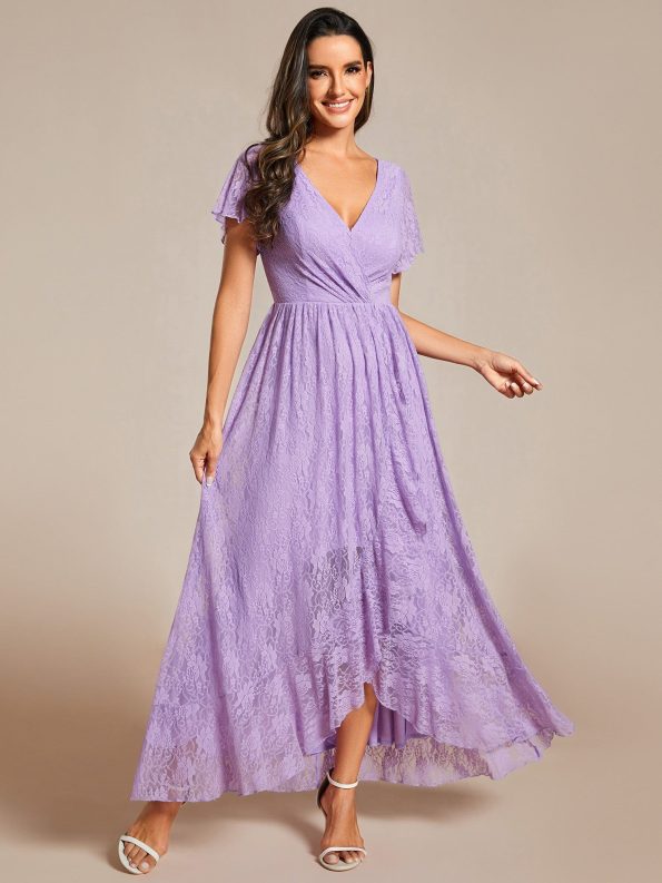 Pleated V-Neck Short Sleeve Ruffled Lace Evening Dress - Lavender