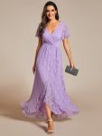 Pleated V-Neck Short Sleeve Ruffled Lace Evening Dress - Lavender