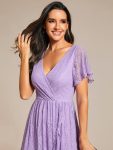 Pleated V-Neck Short Sleeve Ruffled Lace Evening Dress – Lavender