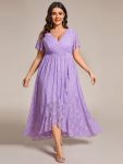 Plus Size Short Sleeve Ruffled V-Neck A-Line Lace Evening Dress – Lavender