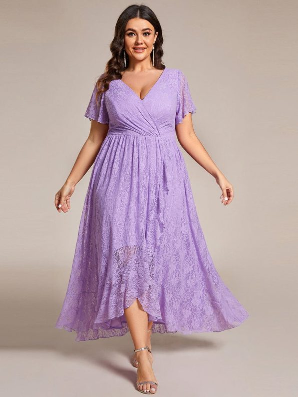 Plus Size Short Sleeve Ruffled V-Neck A-Line Lace Evening Dress - Lavender