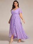 Plus Size Short Sleeve Ruffled V-Neck A-Line Lace Evening Dress – Lavender