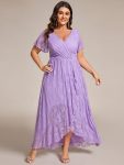 Plus Size Short Sleeve Ruffled V-Neck A-Line Lace Evening Dress – Lavender