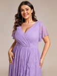 Plus Size Short Sleeve Ruffled V-Neck A-Line Lace Evening Dress – Lavender